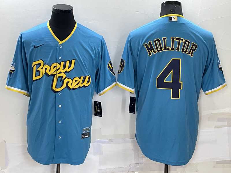 Milwaukee Brewers #4 Paul Molitor Blue 2022 City Connect Cool Base Stitched Jersey,We sell and wholesale Milwaukee Brewers #4 Paul Molitor Blue 2022 City Connect Cool Base Stitched Jersey on line form chian!